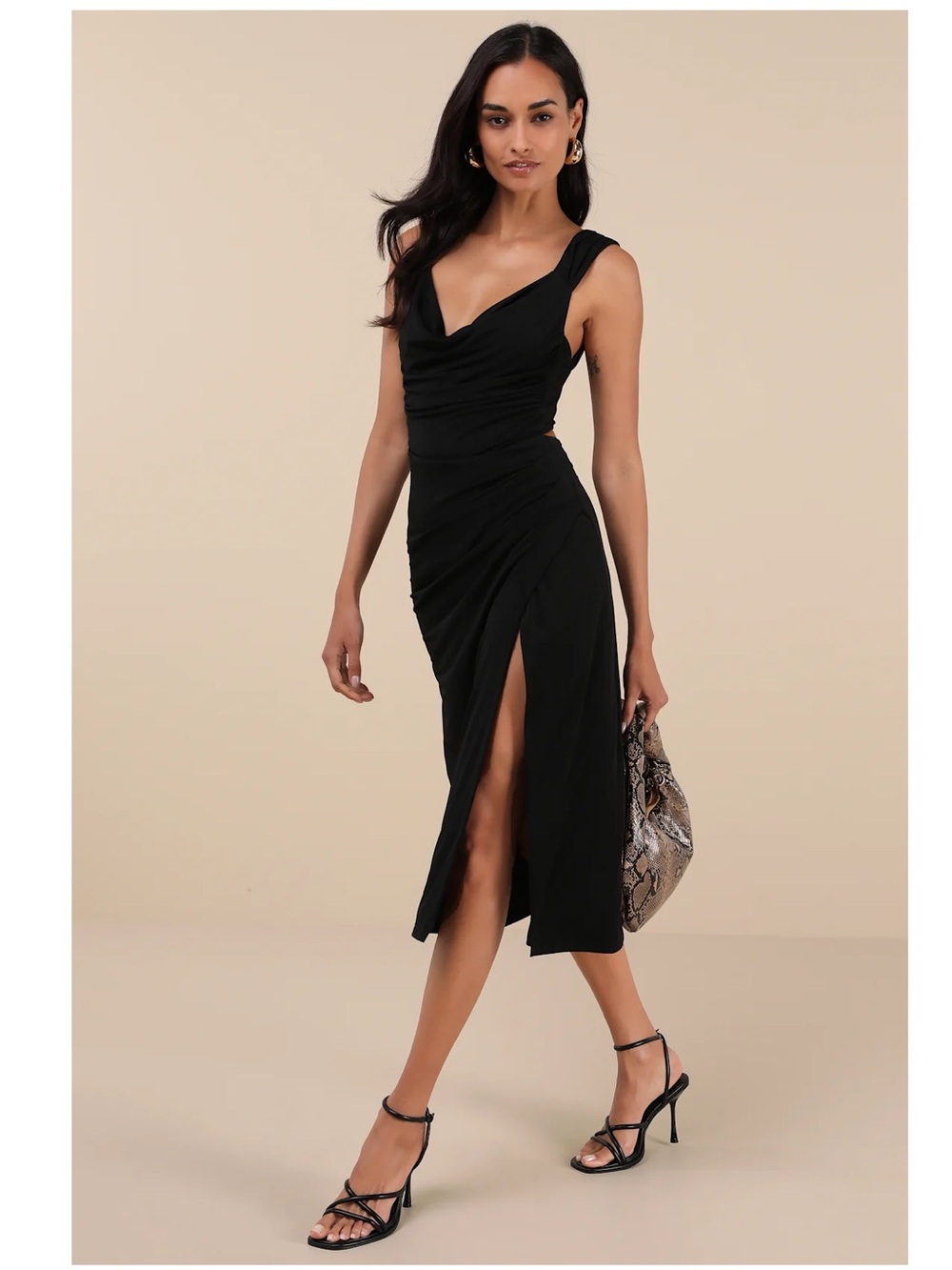 Lulus Flawless Effect Black Slinky Jersey Knit Cowl Tie-Back Midi Dress Event XL
